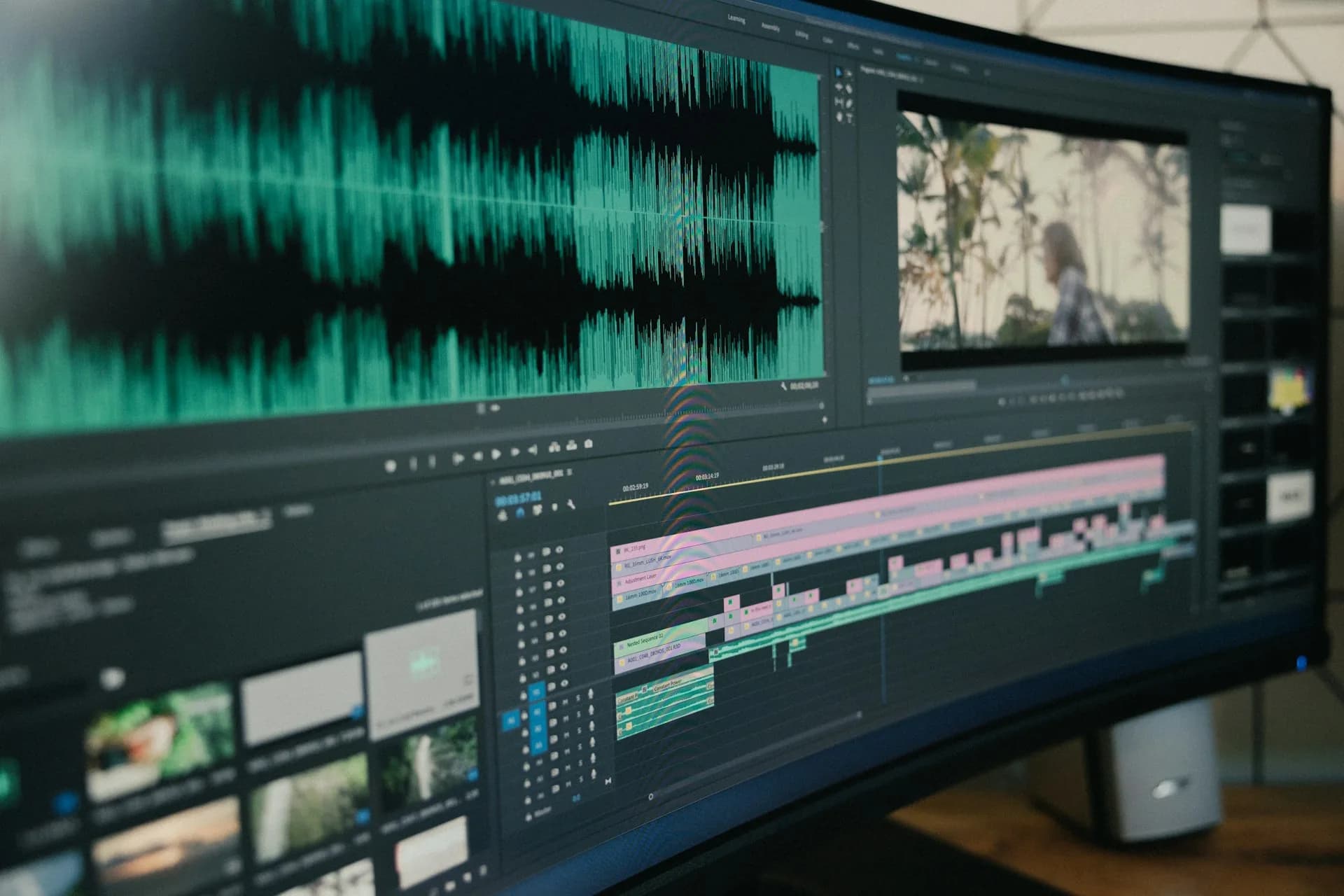 Pantalla de un editor de vídeo mostrando la forma de onda de audio y la línea de tiempo de montaje