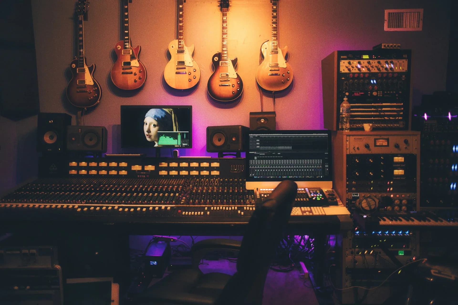 Recording studio with an acoustic guitar and analogue gear for corporate audio production