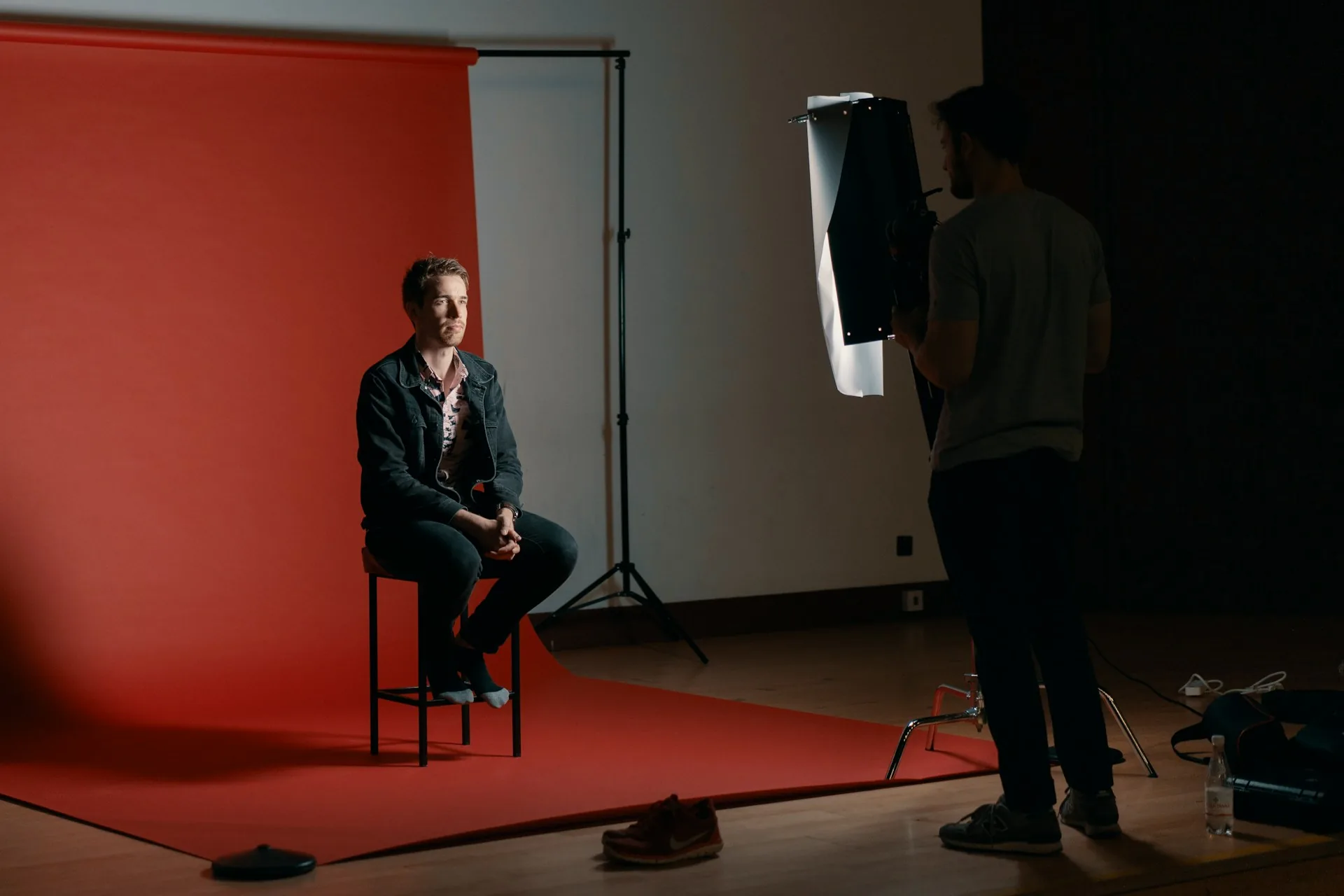 Set preparation before a corporate interview on a video set