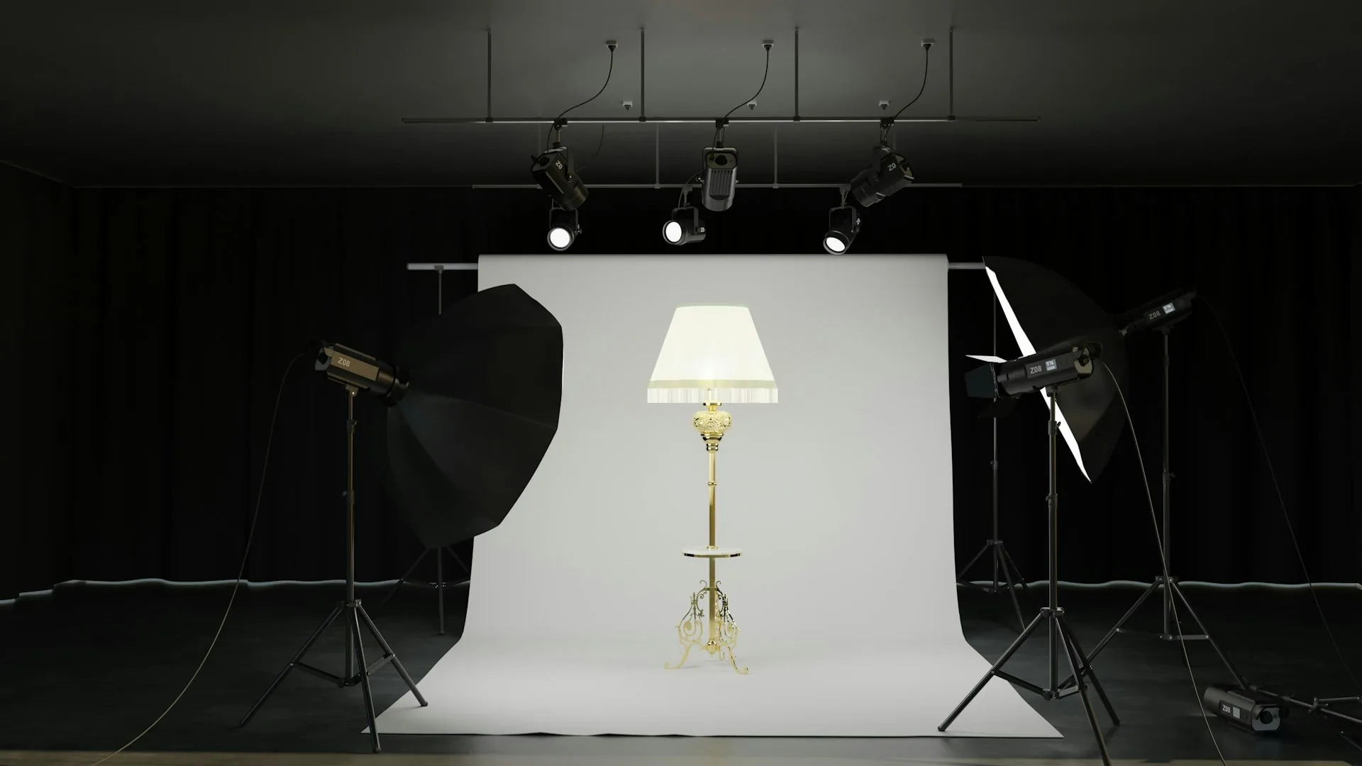 Lighting equipment set up in a studio for a corporate shoot