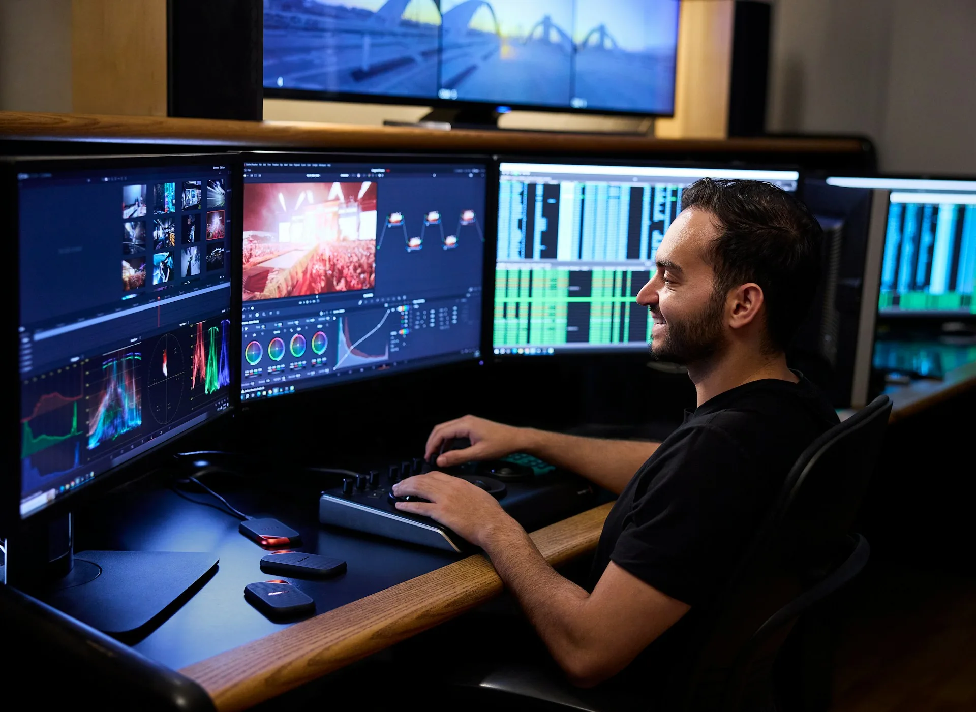 Editor de vídeo trabajando frente a varios monitores con el timeline y el color grading de un proyecto