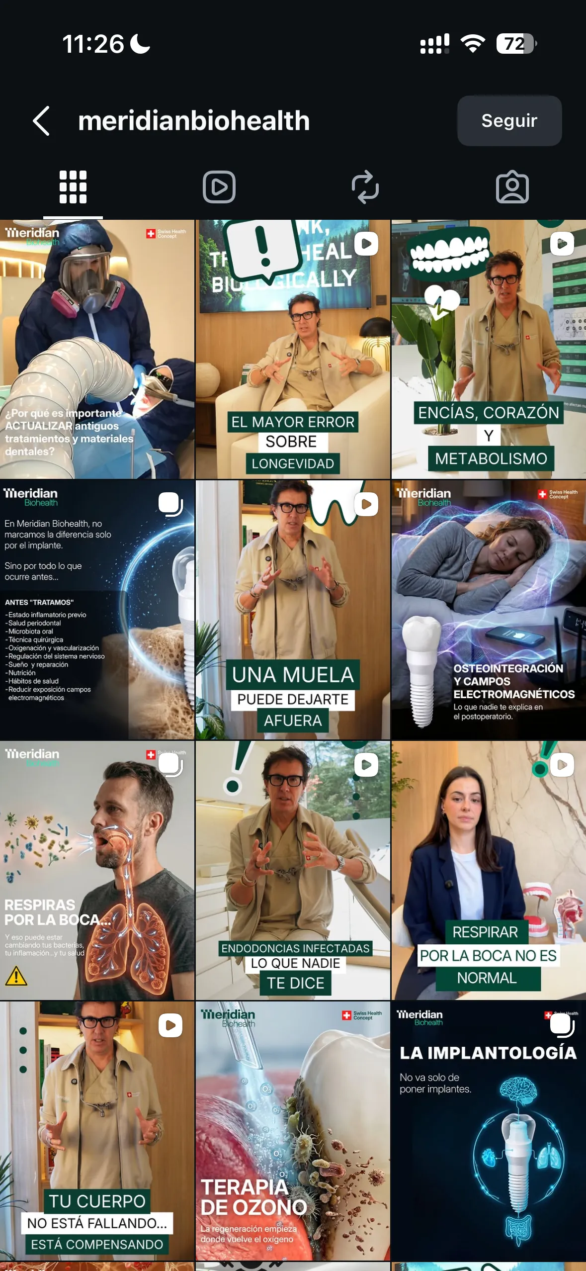 Meridian Biohealth Instagram feed with video pieces by Dr. Jorge Escobar on biological dentistry, implantology, neural therapy and the oral microbiome