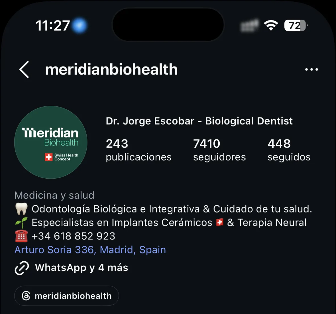 Meridian Biohealth Instagram profile: Dr. Jorge Escobar, Biological Dentist, a biological and integrative dentistry clinic in Arturo Soria, Madrid