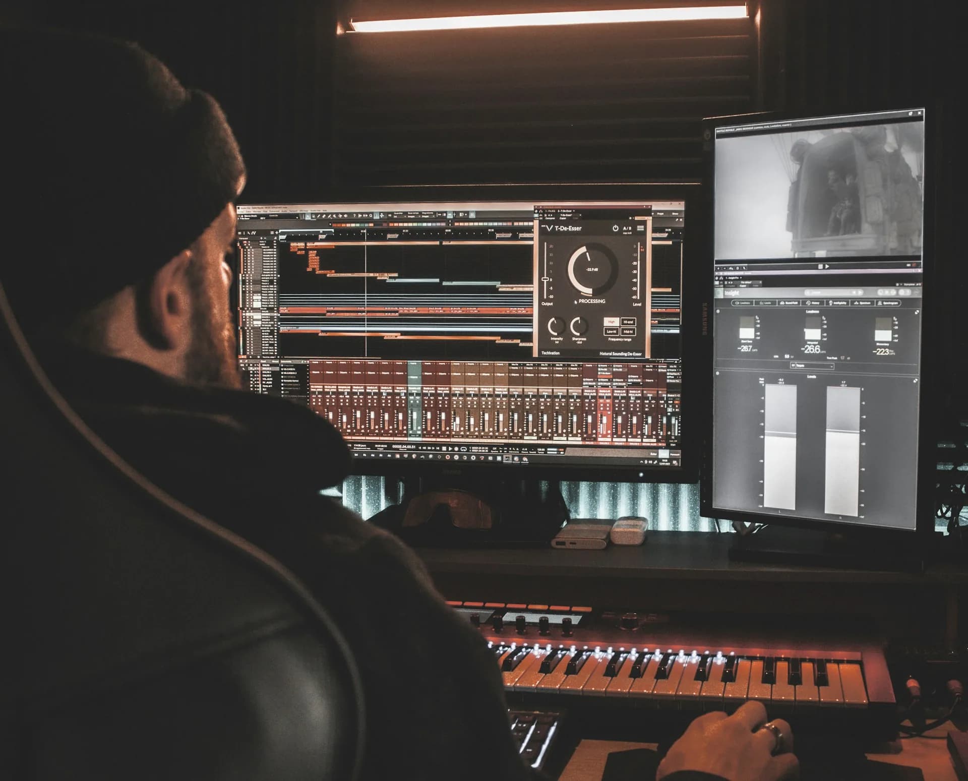 Music producer working in a studio with a keyboard and audio software