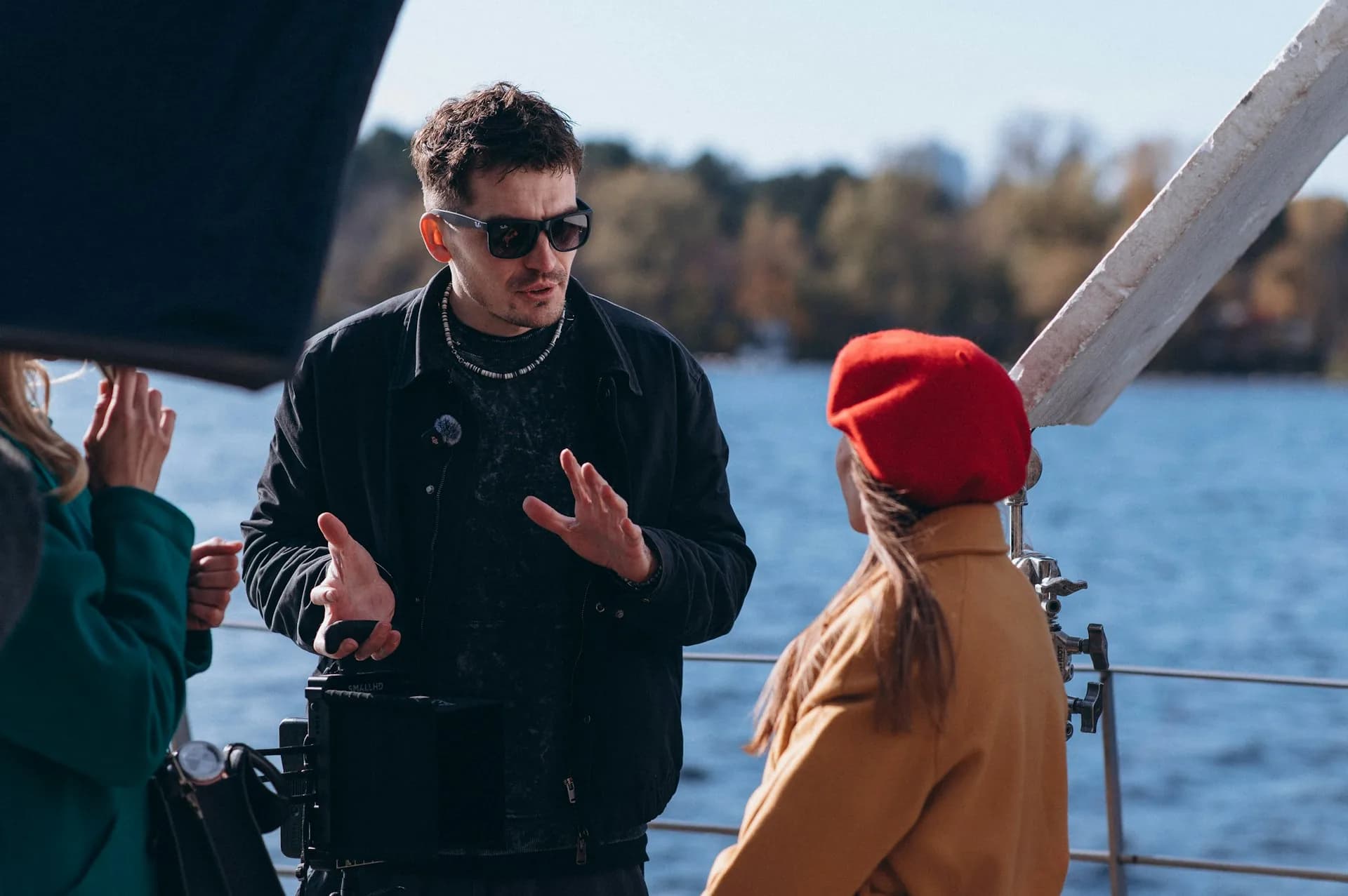 Director working with a subject during an on-location shoot