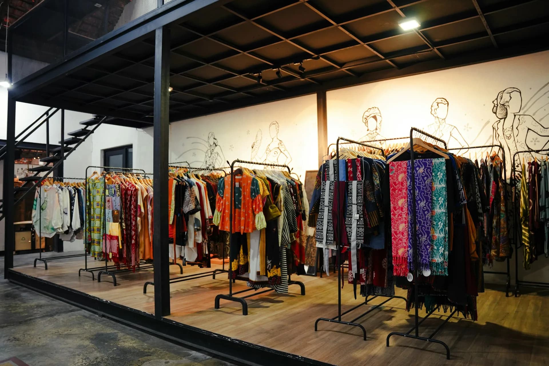 Interior de una boutique con ropa organizada en percheros bajo luz cálida